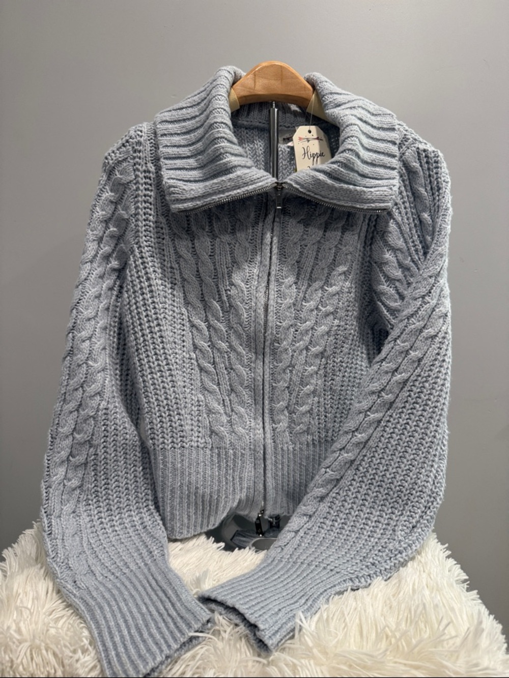 Hippie Rose Light Blue Cable-Knit Zip-Up Sweater